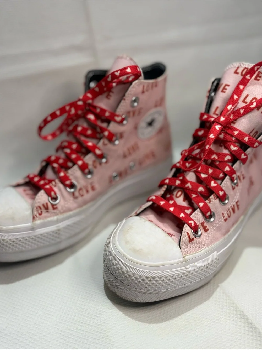 Converse High-Top 'LOVE' Print Sneakers - Pink with Red Laces